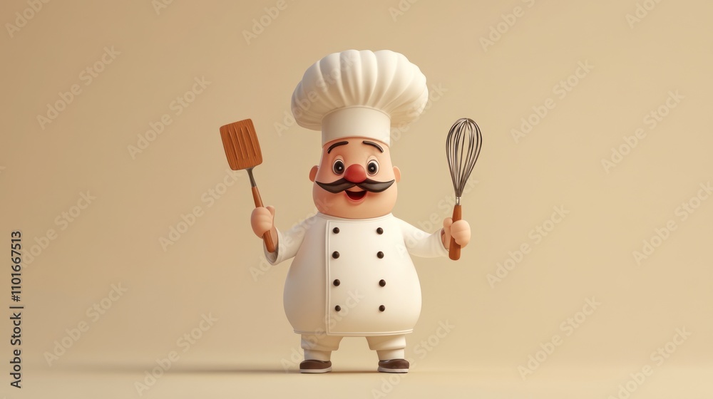 A Cartoon Chef Holds A Spatula And Whisk