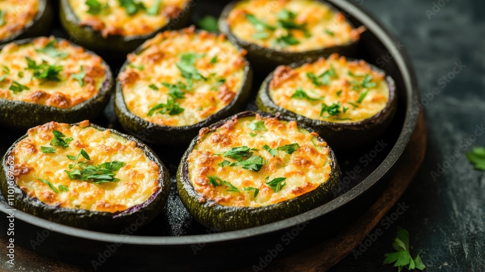 Cheesy baked vegetables in a frying pan, garnished with fresh herbs, served as a delectable hot appetizer on a dark stone background. Cheesy baked vegetables in a frying pan, garnished with fresh herbs, served as a delectable hot appetizer on a dark stone background.
