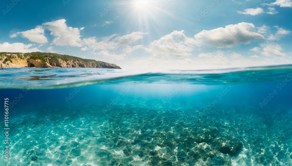 Breathtaking Split View of a Sunlit Sky and Calm Ocean Below, Showcasing a Stunning Underwater Scene with Crystal-Clear Water, Gentle Waves, and Vivid Marine Life in Harmony. Breathtaking Split View of a Sunlit Sky and Calm Ocean Below, Showcasing a Stunning Underwater Scene with Crystal-Clear Water, Gentle Waves, and Vivid Marine Life in Harmony.