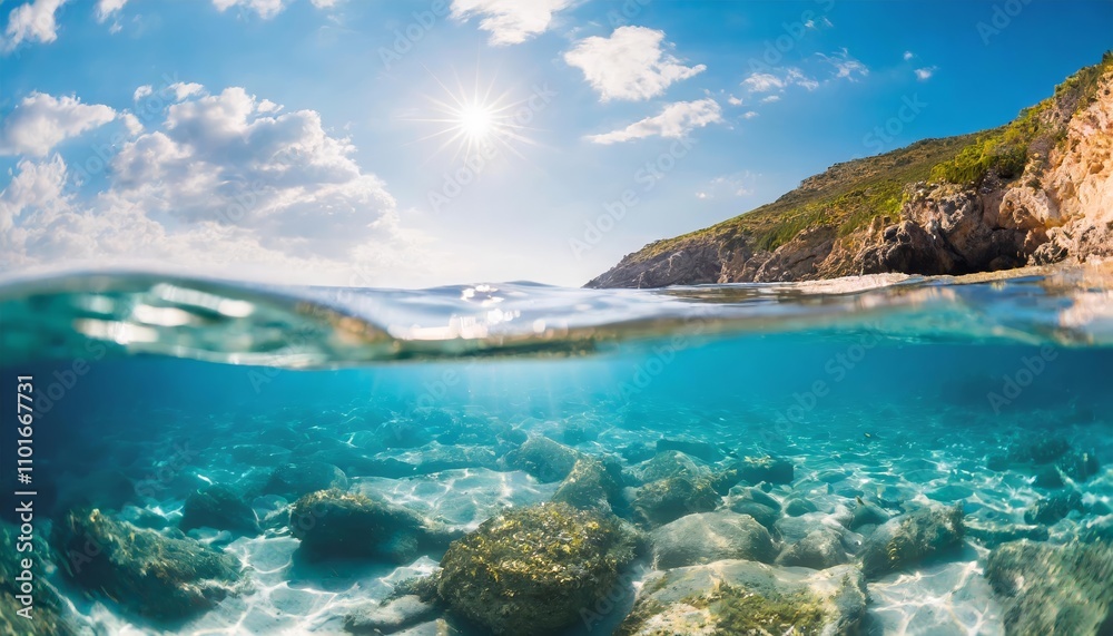 Captivating split view of serene underwater world and sunny sky, featuring vibrant marine life, crystal-clear water, and tranquil sea waves under a radiant blue sky with fluffy clouds. Captivating split view of serene underwater world and sunny sky, featuring vibrant marine life, crystal-clear water, and tranquil sea waves under a radiant blue sky with fluffy clouds.