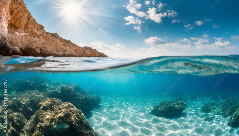 Breathtaking Split View of a Sunny Sky and Tranquil Underwater Scene, Capturing the Serene Beauty of the Sea in Perfect Harmony with Clear Blue Skies Above the Ocean Horizon Breathtaking Split View of a Sunny Sky and Tranquil Underwater Scene, Capturing the Serene Beauty of the Sea in Perfect Harmony with Clear Blue Skies Above the Ocean Horizon