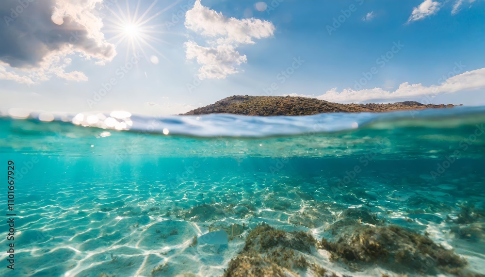 Spectacular Split View of Tranquil Underwater World and Bright Sunny Sky Capturing Natures Beauty with Crystal-Clear Waters and Serene Ocean Vibes in a Perfect Balance Spectacular Split View of Tranquil Underwater World and Bright Sunny Sky Capturing Natures Beauty with Crystal-Clear Waters and Serene Ocean Vibes in a Perfect Balance