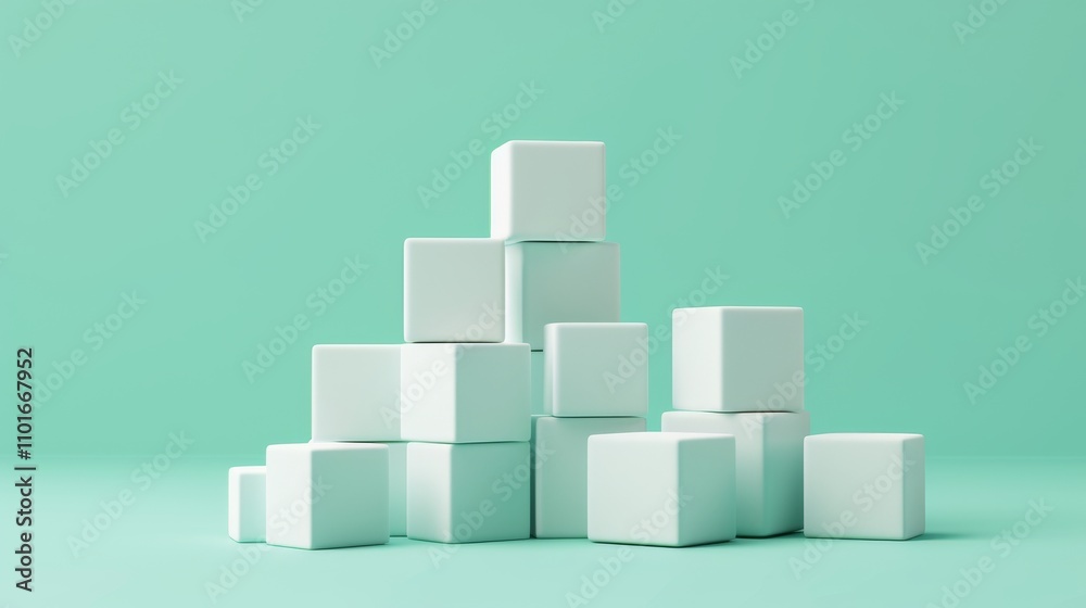 This minimalist image features pastel green cubes of various sizes arranged in a stacked and scattered formation. The uniform color palette and simple design evoke a modern, abstract aesthetic. This minimalist image features pastel green cubes of various sizes arranged in a stacked and scattered formation. The uniform color palette and simple design evoke a modern, abstract aesthetic.