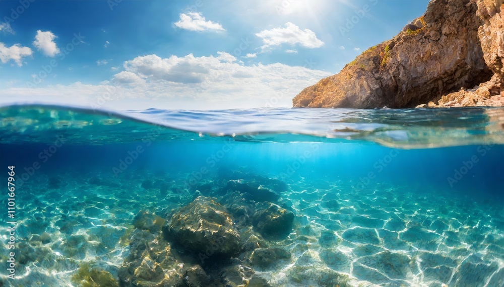 Split Underwater View Showcasing Vibrant Marine Life, a Crystal-Clear Sea, and a Sunny Sky Above the Horizon, Perfectly Capturing Nature’s Tranquility and Beauty in a Stunning Dual Split Underwater View Showcasing Vibrant Marine Life, a Crystal-Clear Sea, and a Sunny Sky Above the Horizon, Perfectly Capturing Nature’s Tranquility and Beauty in a Stunning Dual