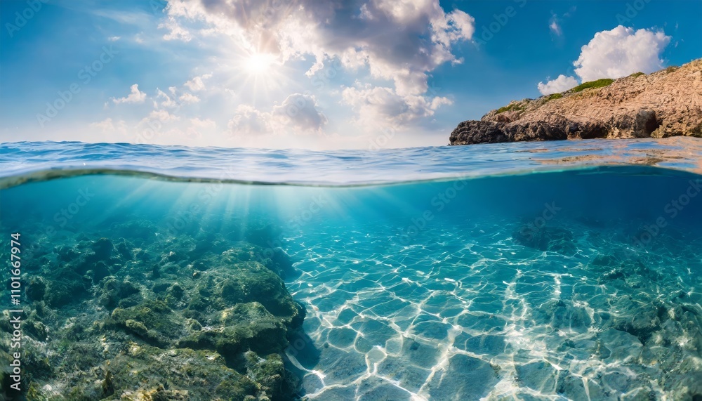 A breathtaking split-view photograph showcasing the serene beauty of a sunny sky above and the tranquil, crystal-clear sea below, offering a vivid perspective of natures harmony. A breathtaking split-view photograph showcasing the serene beauty of a sunny sky above and the tranquil, crystal-clear sea below, offering a vivid perspective of natures harmony.