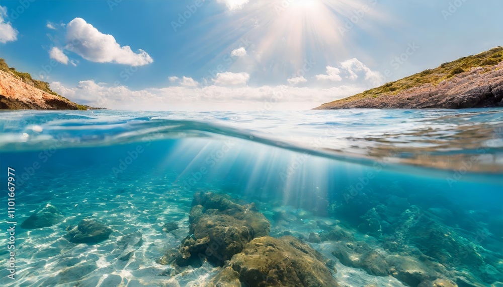 Split underwater view with a sunlit sky and tranquil ocean scenery, showcasing vibrant marine life below and a serene, sun-drenched surface above in perfect harmony, evoking peaceful Split underwater view with a sunlit sky and tranquil ocean scenery, showcasing vibrant marine life below and a serene, sun-drenched surface above in perfect harmony, evoking peaceful