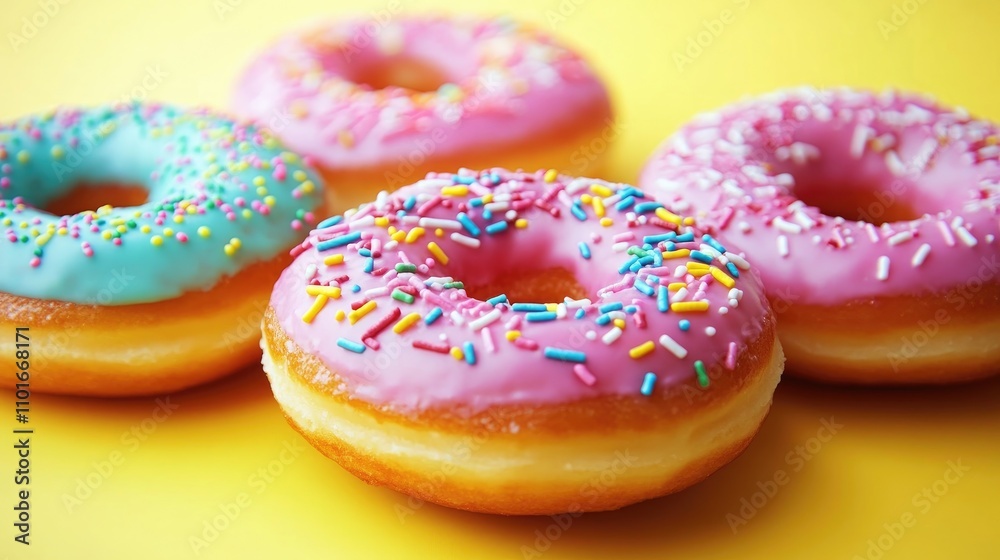 Colorful donuts with pink and blue icing, generously topped with vibrant sprinkles, set against a cheerful yellow background in a festive close-up view. Colorful donuts with pink and blue icing, generously topped with vibrant sprinkles, set against a cheerful yellow background in a festive close-up view.