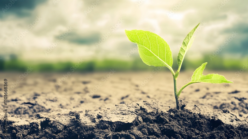 A single green sprout emerges from fertile soil under a bright sky.