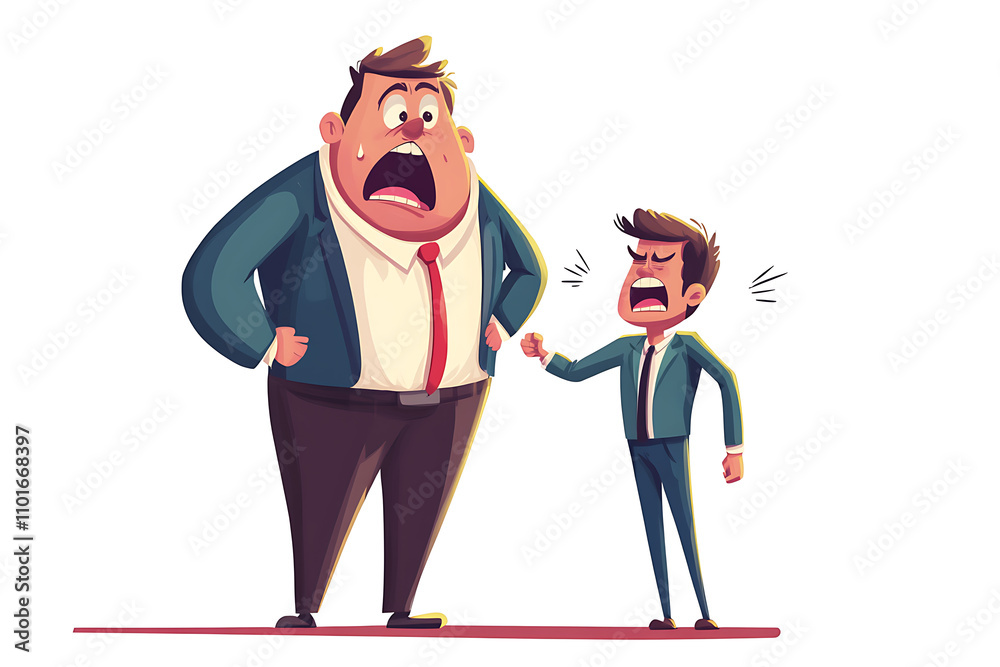 A tall businessman towers over a smaller, frustrated colleague in a humorous confrontation. A tall businessman towers over a smaller, frustrated colleague in a humorous confrontation.