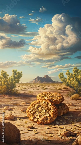 Desert Landscape with Cookies under a Dramatic Sky photo