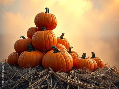 Haystack close-up, pumpkins superimposed, double-exposed.