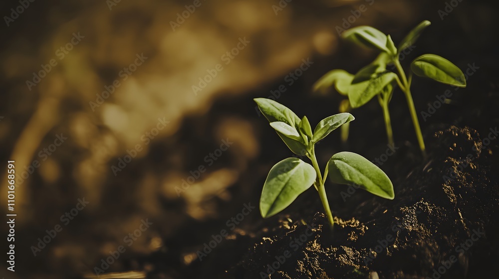 Two young green seedlings sprouting in rich, dark soil. Two young green seedlings sprouting in rich, dark soil.