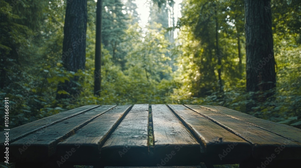 Wooden table in serene forest setting, surrounded by tall trees, dappled sunlight filtering through leaves, under a bright blue sky. High-quality photograph. Wooden table in serene forest setting, surrounded by tall trees, dappled sunlight filtering through leaves, under a bright blue sky. High-quality photograph.
