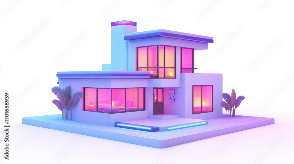 Modern Minimalist House Neon Lights Palm Trees Modern Minimalist House Neon Lights Palm Trees