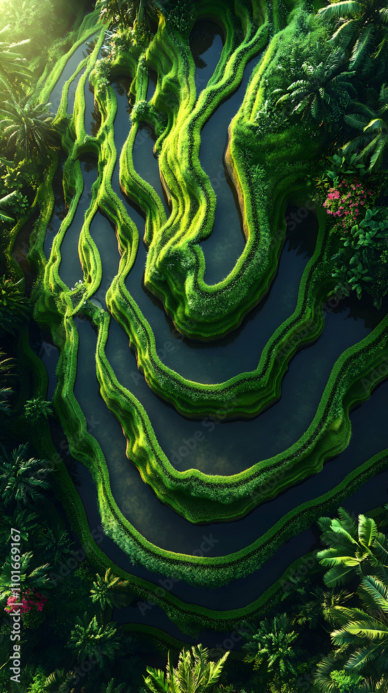 Lush green terraced rice paddies, winding waterways, and tropical vegetation. Aerial view of Asian agriculture. Lush green terraced rice paddies, winding waterways, and tropical vegetation. Aerial view of Asian agriculture.