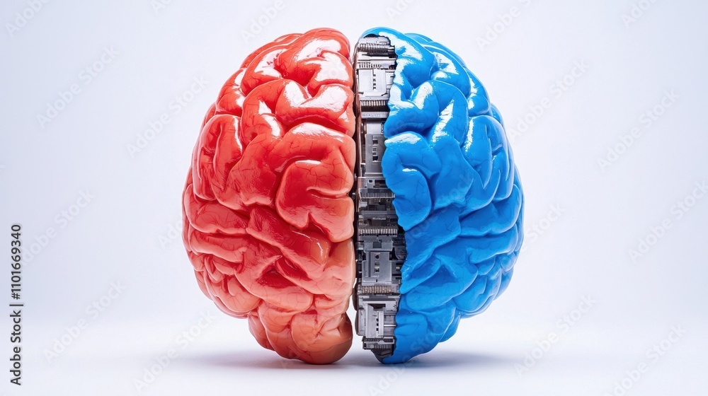 Human Bias in Artificial Intelligence Concept. Half human brain, half robotic design in contrasting colors Human Bias in Artificial Intelligence Concept. Half human brain, half robotic design in contrasting colors