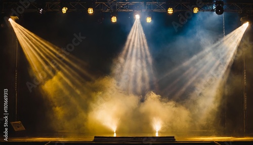 Dynamic stage lighting with colorful spotlights and smoke effects in a dark theatre setting, perfect for concerts, performances, and dramatic productions, creating a vibrant and atmospheric