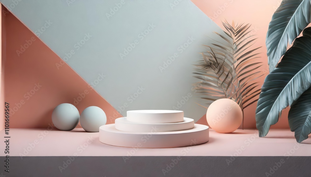 Fototapeta premium Elegant Stand Podium with Geometric Shapes in Pastel Color Background, Perfect for Modern Product Display and Presentation Scenes with Minimalist Design Elements and Soft Tones