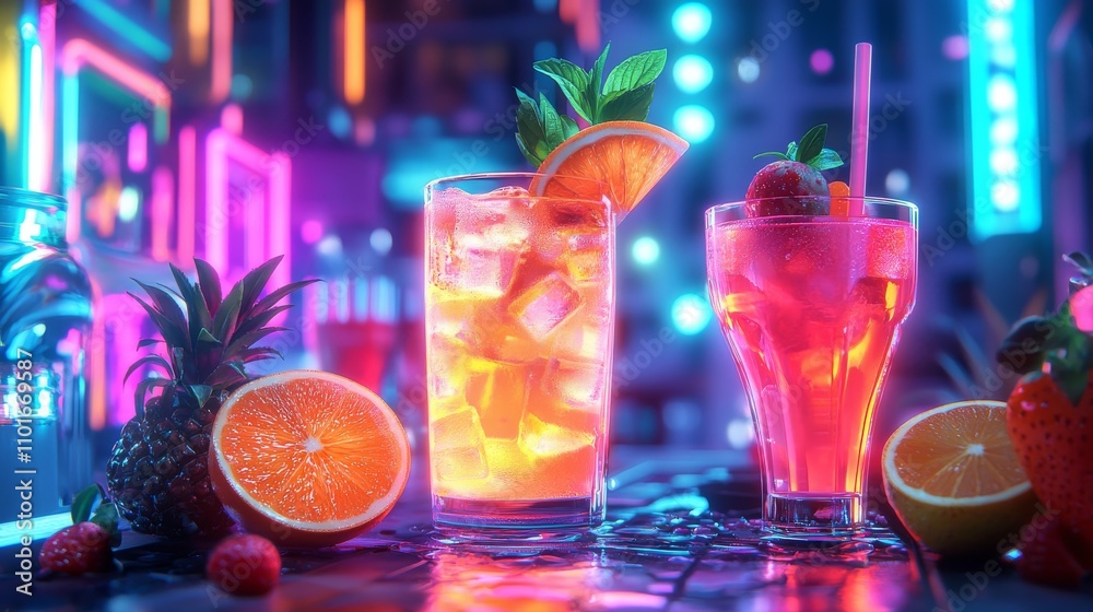 Vibrant summer cocktails rooftop bar beverage photography urban nightlife close-up refreshing concept for gatherings