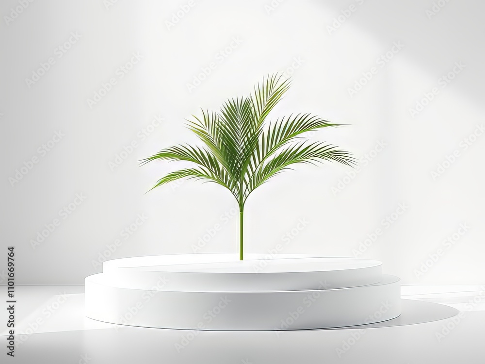 Modern product presentation: white stand, palm leaves, gray background. Modern product presentation: white stand, palm leaves, gray background.
