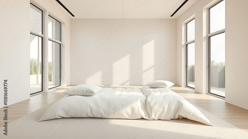 Modern, minimalist bedroom with cozy floor bedding. Modern, minimalist bedroom with cozy floor bedding.