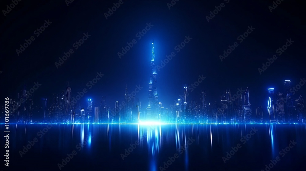 A futuristic skyline illuminated by blue light, reflecting in calm waters, creating a serene and high-tech atmosphere.