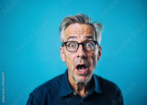 A man with glasses is staring at the camera with an open mouth