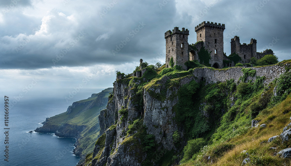 Ruins of an ancient castle perched on rugged cliffs overlooking the ocean under a dramatic sky