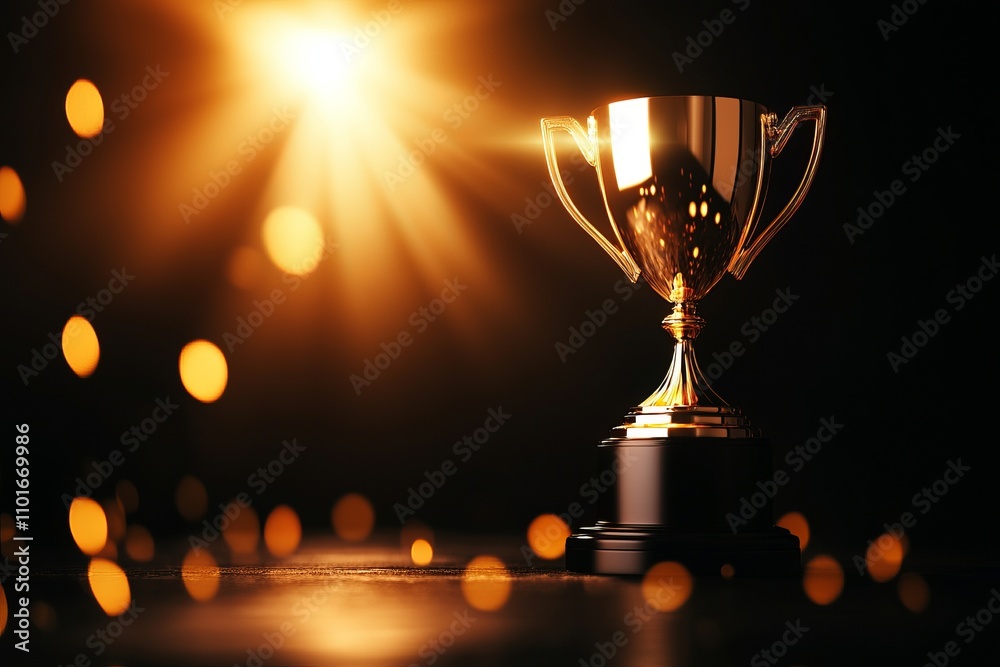 A shining golden trophy illuminated by soft lights, symbolizing achievement and victory against a dark background. A shining golden trophy illuminated by soft lights, symbolizing achievement and victory against a dark background.