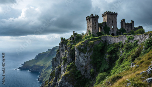 Ruins of an ancient castle perched on rugged cliffs overlooking the ocean under a dramatic sky