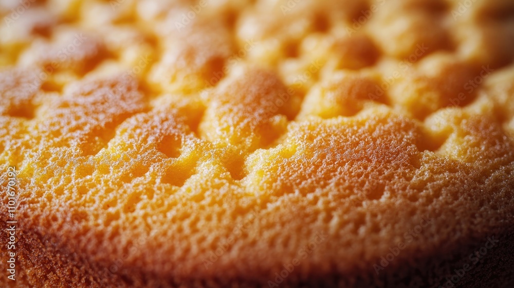 Close-up view of a golden sponge cake with a textured surface, highlighting its soft and airy crumb structure. Close-up view of a golden sponge cake with a textured surface, highlighting its soft and airy crumb structure.