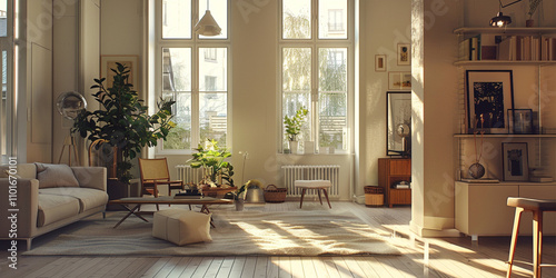Bright  sunlit living room with modern furniture  large windows  and indoor plants.
