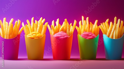 Crispy french fries with dipping sauces colorful cups food photography vibrant background close-up culinary delight