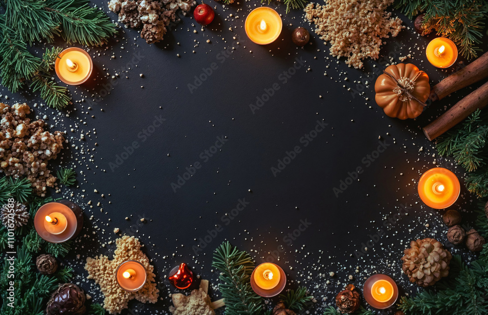 A black background with a frame of candles and other decorations A black background with a frame of candles and other decorations
