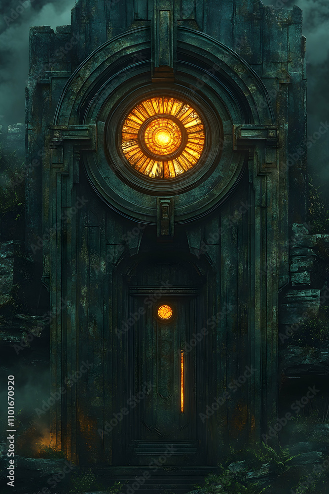 Mysterious, ancient, dark, glowing portal in a fantasy landscape.