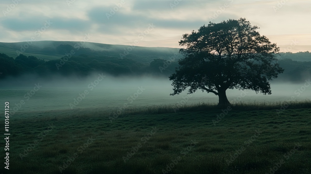 Obraz premium Misty Morning Landscape with a Solitary Tree