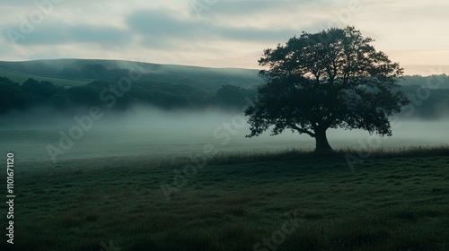 Misty Morning Landscape with a Solitary Tree