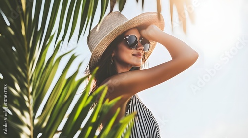 Young woman in hat and sunglasses basks under sunny palm leaves. photo