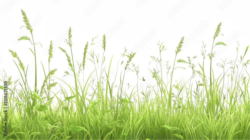 Lush green grass against white backdrop, delicate stems swaying gently, serene and vibrant natural scene Isolated on white background or PNG Lush green grass against white backdrop, delicate stems swaying gently, serene and vibrant natural scene Isolated on white background or PNG