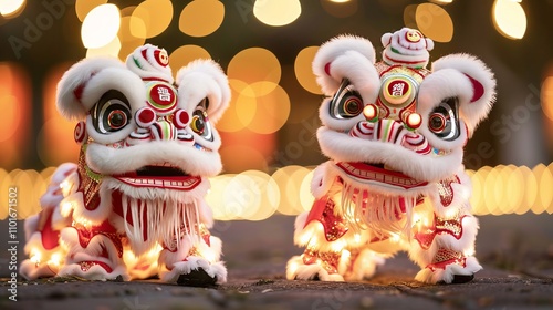 Festive chinese lion dance puppets with glowing lights and vibrant decorations.