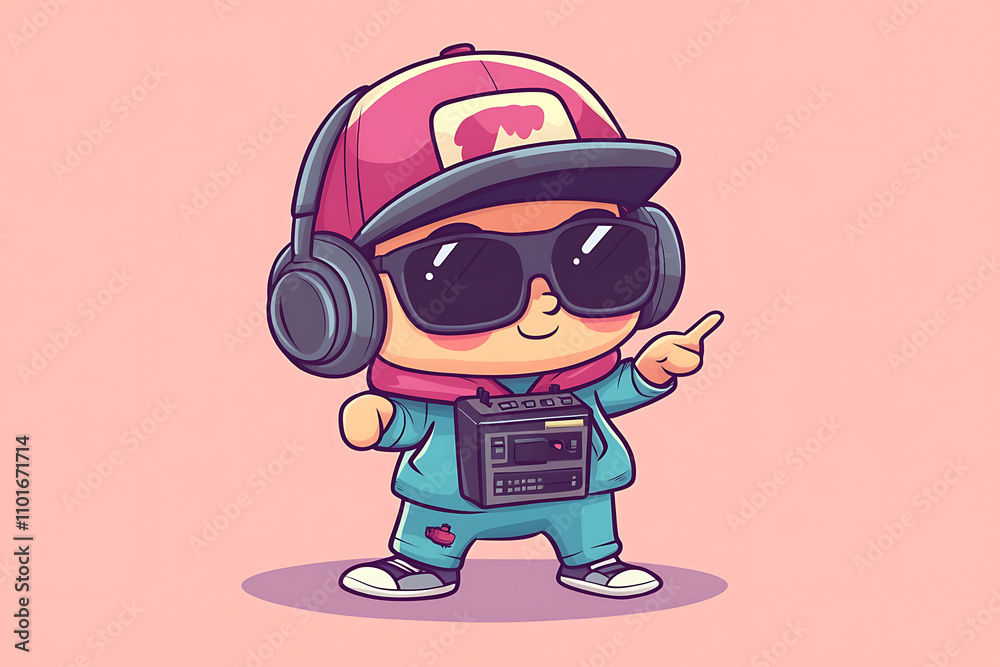 A cute cartoon character wearing headphones and sunglasses, dancing with a retro boombox.