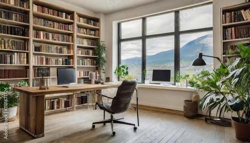 Stylish home office or library featuring custom-built bookshelves, cozy and inviting seating, ample natural light, and a perfect blend of functionality and elegance for productivity.