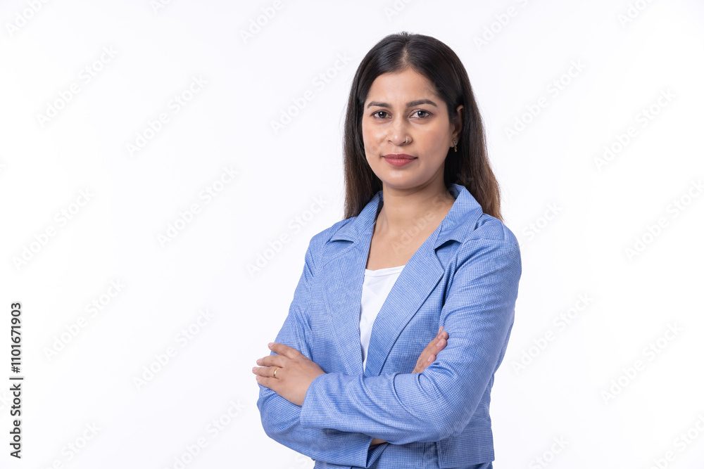 Businesswoman with arms crossed standing on white background Businesswoman with arms crossed standing on white background