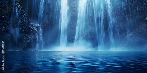 A serene waterfall cascading into a tranquil pool, surrounded by mist and lush vegetation.