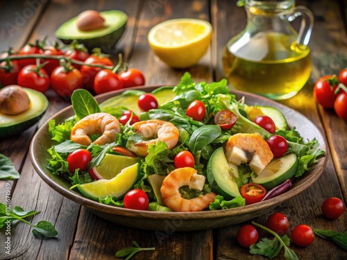 Fresh Avocado and Shrimp Salad: A Healthy Delight with Cherry Tomatoes and Lemon Dressing for Architectural Photography