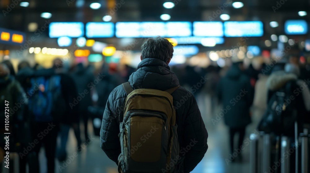 A person stands in a busy terminal, surrounded by travelers in a bustling atmosphere. A person stands in a busy terminal, surrounded by travelers in a bustling atmosphere.
