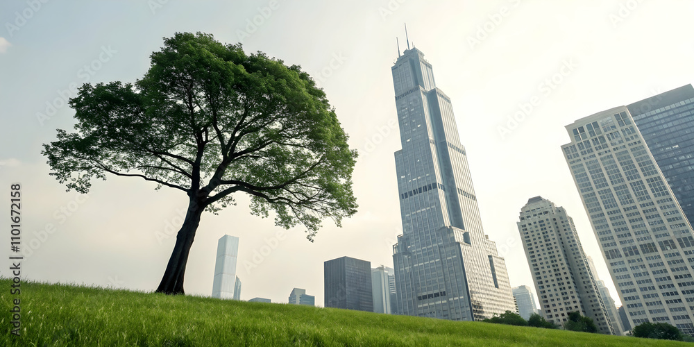 Naklejka premium Tree Silhouette Morphing Into Skyscraper Symbolizing Nature Urban Fusion with Copy Space