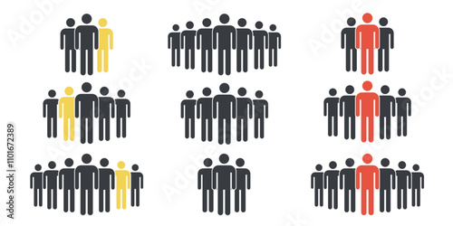 Multiple groups of stick figure icons with highlighted individuals in yellow and red on a white background.