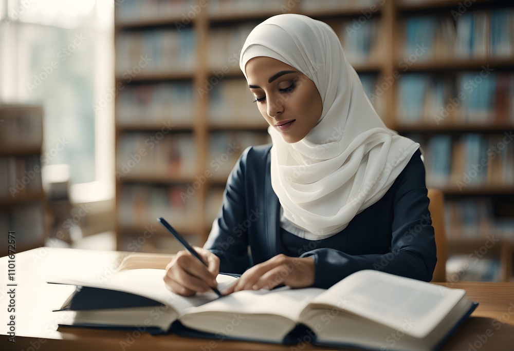 Asian Muslim woman reading a book in library. Modern Muslim people lifestyle concept, Muslim's portrait. Asian Muslim woman reading a book in library. Modern Muslim people lifestyle concept, Muslim's portrait.