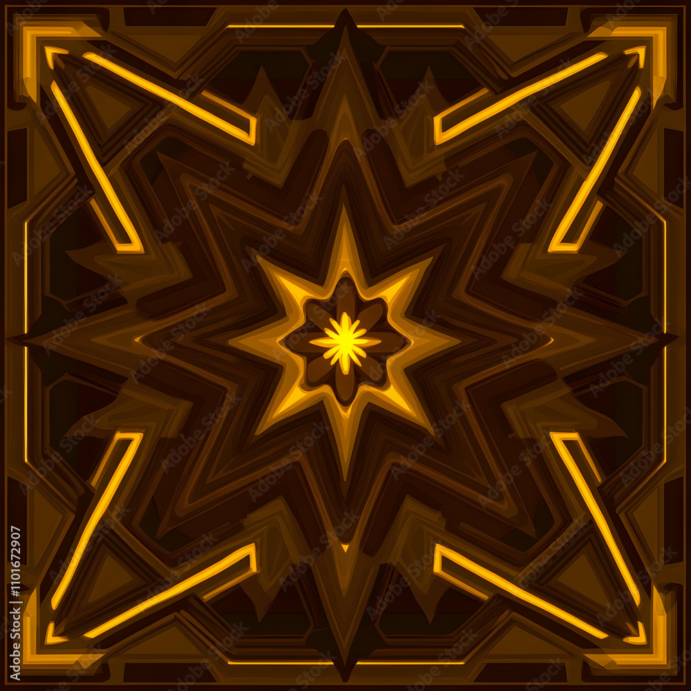 Ornate, symmetrical, golden star design on a dark brown background.